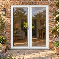 1790mm x 2090mm - White uPVC French Doors lit up in the evening