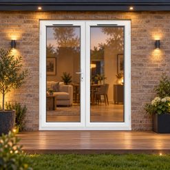 1790mm x 2090mm - White uPVC French Doors opening onto garden decking