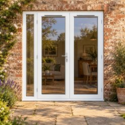 1790mm x 2090mm - White uPVC French Doors with Narrow Side Panel lit up in the evening