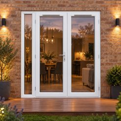 1790mm x 2090mm - White uPVC French Doors with Narrow Side Panel opening onto garden decking