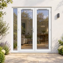1790mm x 2090mm - White uPVC French Doors with Narrow Side Panel on a rendered house