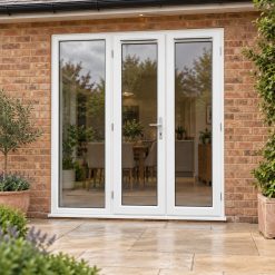 1790mm x 2090mm - White uPVC French Doors with Wide Side Panel opening onto a brick patio