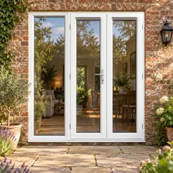 1790mm x 2090mm - White uPVC French Doors with Wide Side Panel lit up in the evening
