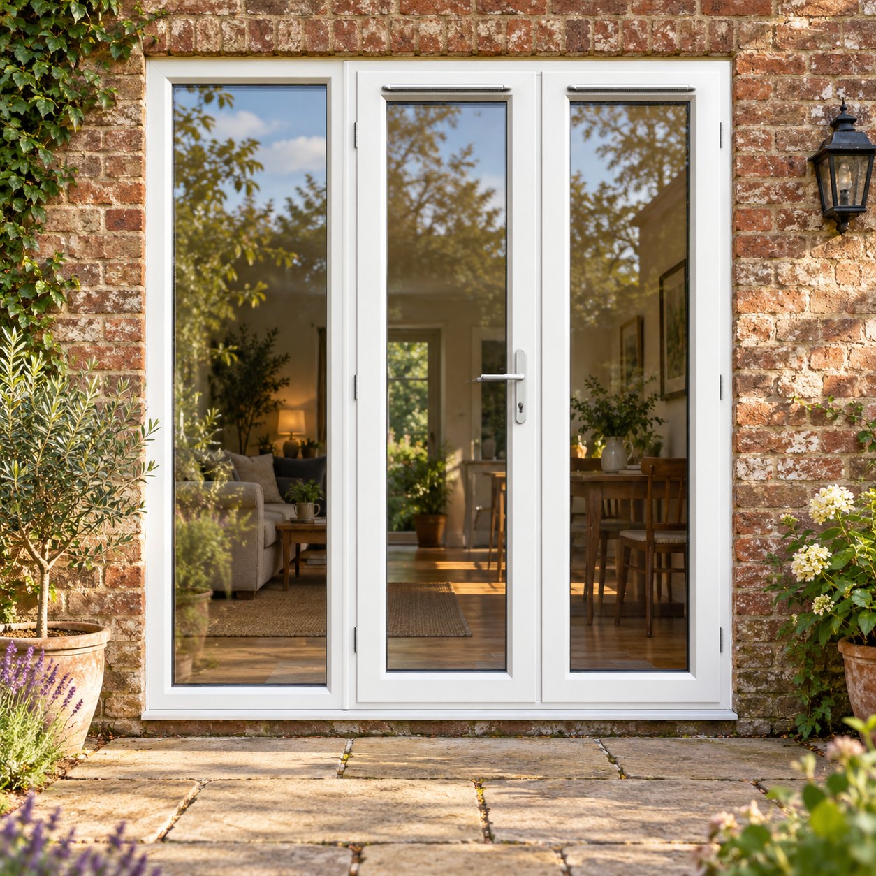 1790mm x 2090mm - White uPVC French Doors with Wide Side Panel lit up in the evening
