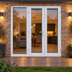 1790mm x 2090mm - White uPVC French Doors with Wide Side Panel opening onto garden decking