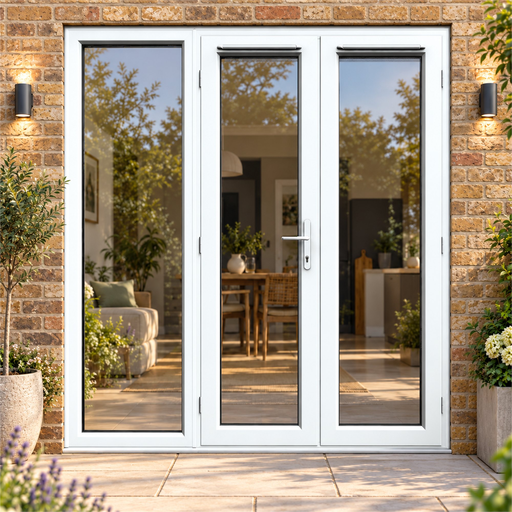 1790mm x 2090mm - White uPVC French Doors with Wide Side Panel fitted to the back of a house