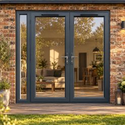 2090mm x 2090mm - Grey-on-White uPVC French Doors with Narrow Side Panel opening onto garden decking