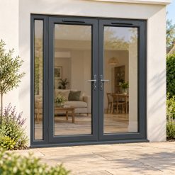 2090mm x 2090mm - Grey-on-White uPVC French Doors with Narrow Side Panel on a rendered house
