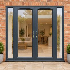 2090mm x 2090mm - Grey-on-White uPVC French Doors with Narrow Side Panels fitted to the back of a house