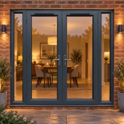 2090mm x 2090mm - Grey-on-White uPVC French Doors with Narrow Side Panels lit up in the evening