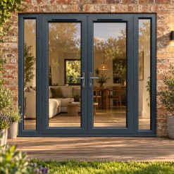 2090mm x 2090mm - Grey-on-White uPVC French Doors with Narrow Side Panels opening onto garden decking