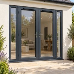 2090mm x 2090mm - Grey-on-White uPVC French Doors with Narrow Side Panels on a rendered house