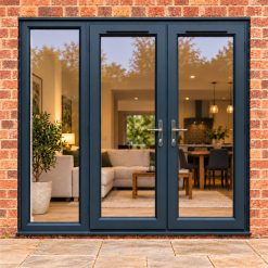 2090mm x 2090mm - Grey-on-White uPVC French Doors with wide Side Panel fitted to the back of a house