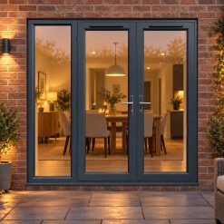 2090mm x 2090mm - Grey-on-White uPVC French Doors with wide Side Panel lit up in the evening