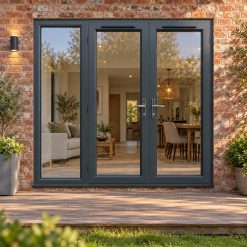 2090mm x 2090mm - Grey-on-White uPVC French Doors with wide Side Panel opening onto garden decking