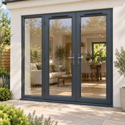 2090mm x 2090mm - Grey-on-White uPVC French Doors with wide Side Panel on a rendered house