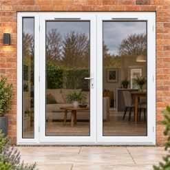 2090mm x 2090mm - White uPVC French Doors with Narrow Side Panel fitted to the back of a house