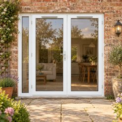 2090mm x 2090mm - White uPVC French Doors with Narrow Side Panel lit up in the evening