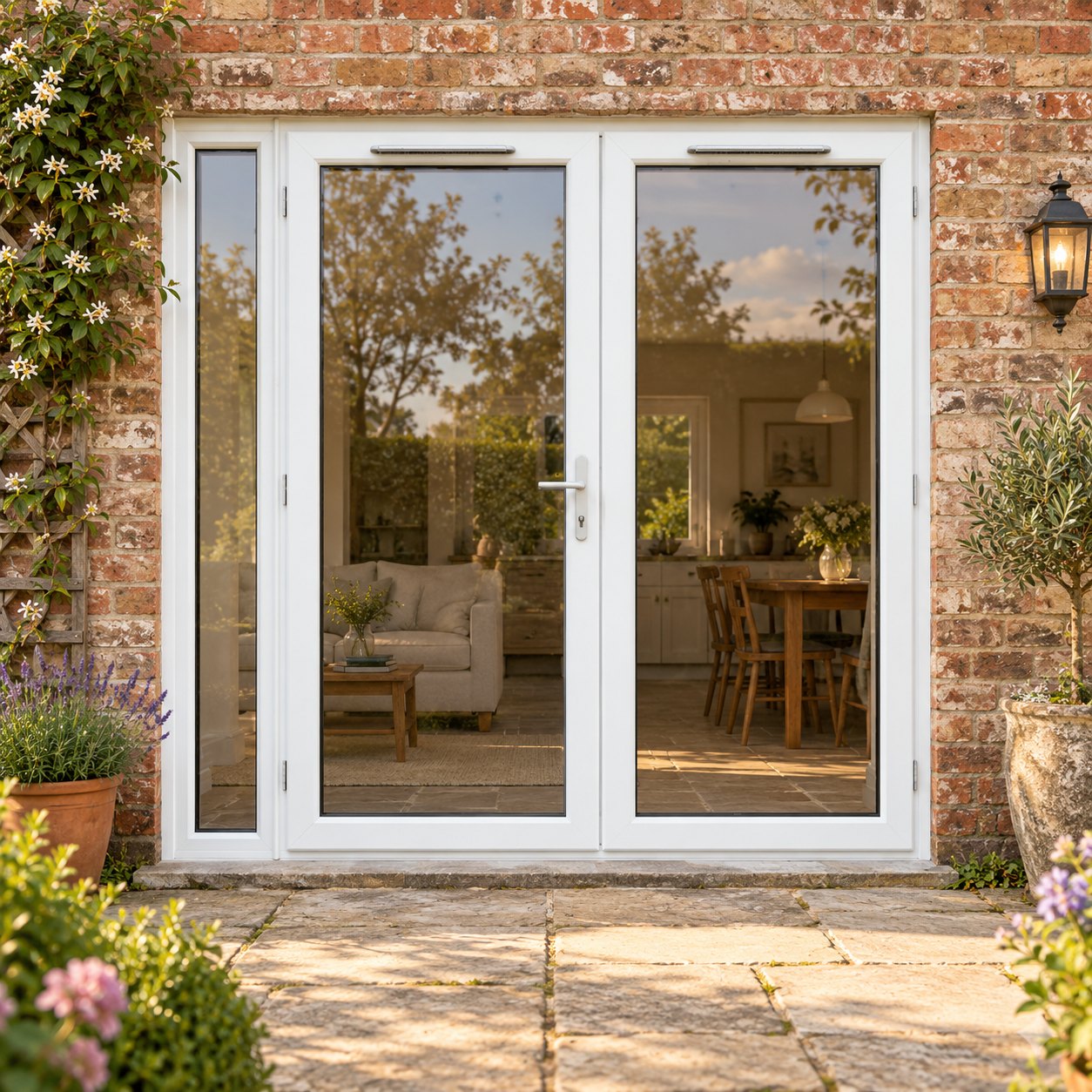 2090mm x 2090mm - White uPVC French Doors with Narrow Side Panel lit up in the evening