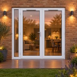 2090mm x 2090mm - White uPVC French Doors with Narrow Side Panel opening onto garden decking