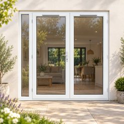 2090mm x 2090mm - White uPVC French Doors with Narrow Side Panel on a rendered house