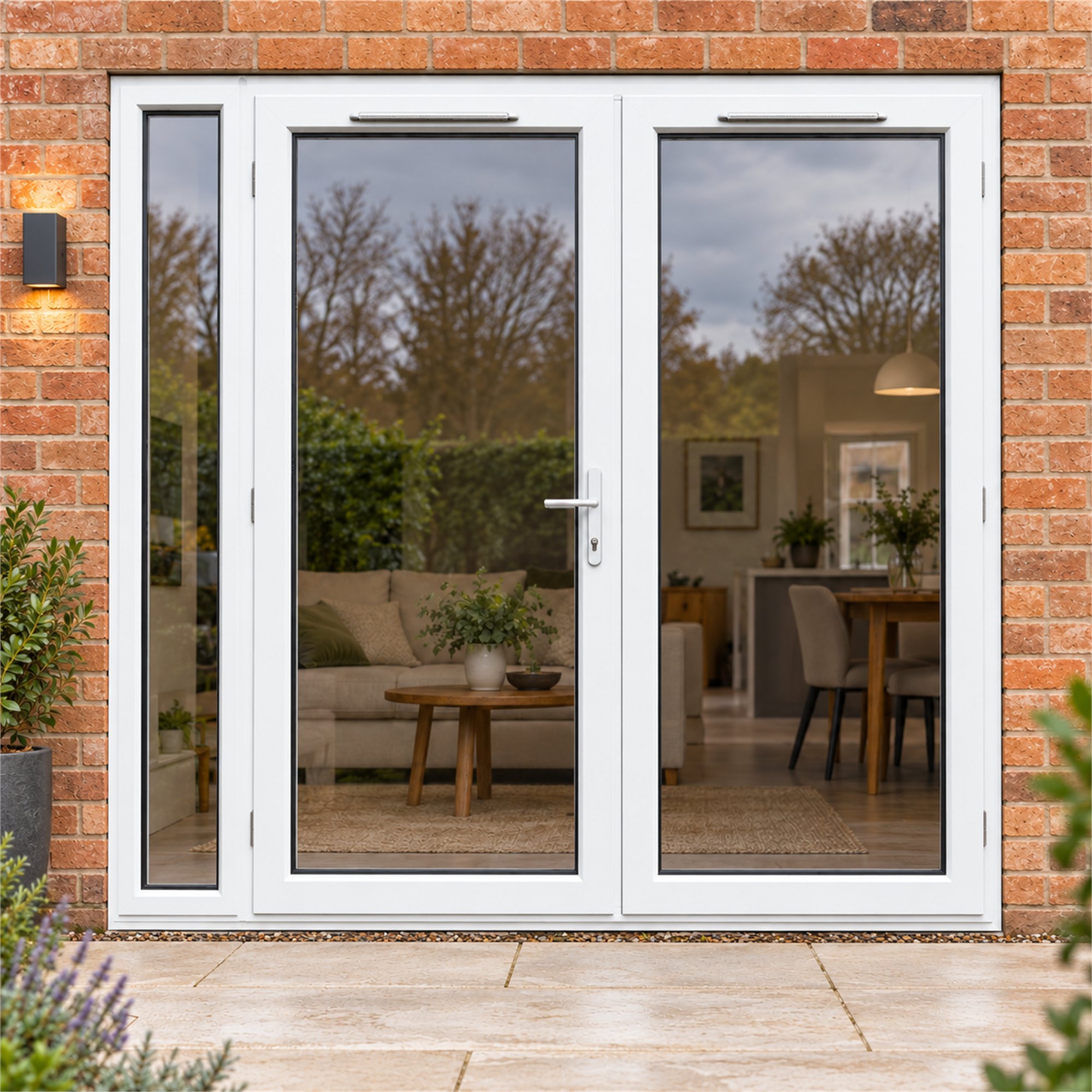 2090mm x 2090mm - White uPVC French Doors with Narrow Side Panel fitted to the back of a house