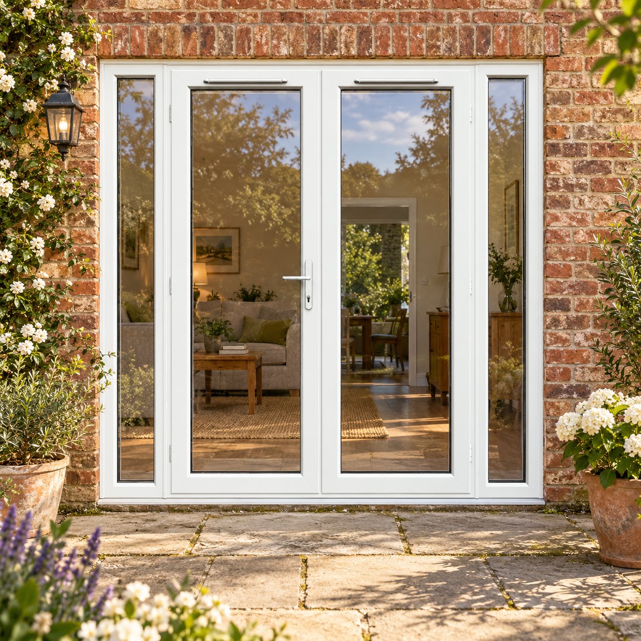 2090mm x 2090mm - White uPVC French Doors with Narrow Side Panels lit up in the evening