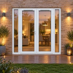 2090mm x 2090mm - White uPVC French Doors with Narrow Side Panels opening onto garden decking