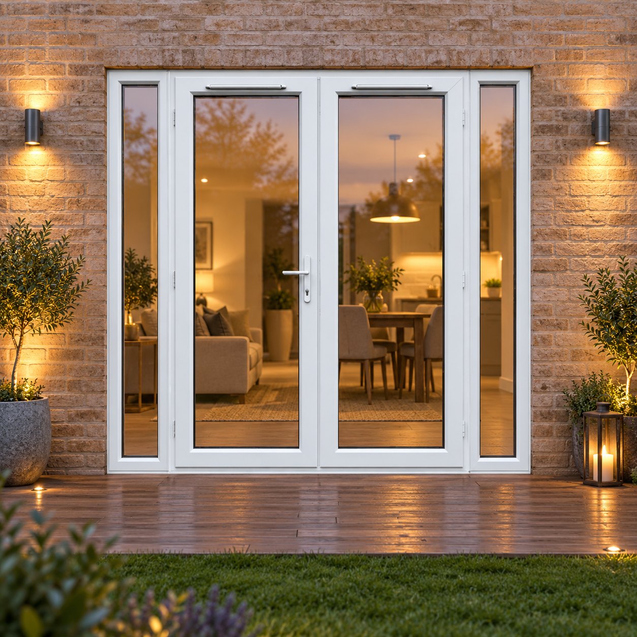 2090mm x 2090mm - White uPVC French Doors with Narrow Side Panels opening onto garden decking