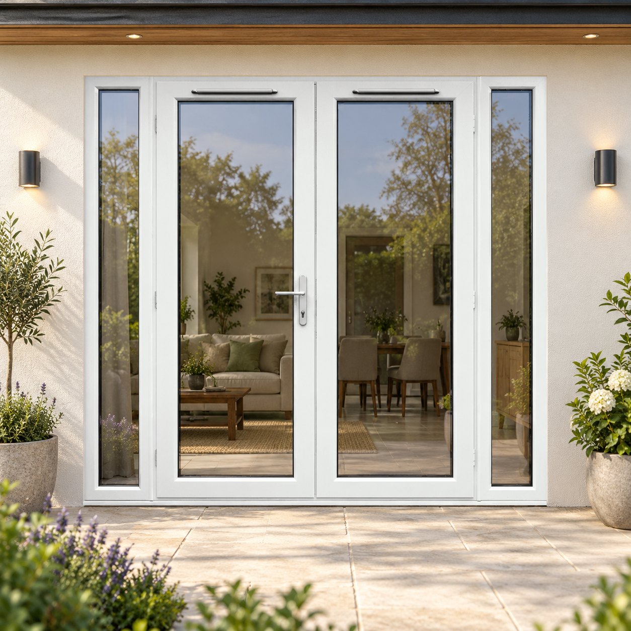 2090mm x 2090mm - White uPVC French Doors with Narrow Side Panels on a rendered house