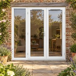2090mm x 2090mm - White uPVC French Doors with wide Side Panel lit up in the evening