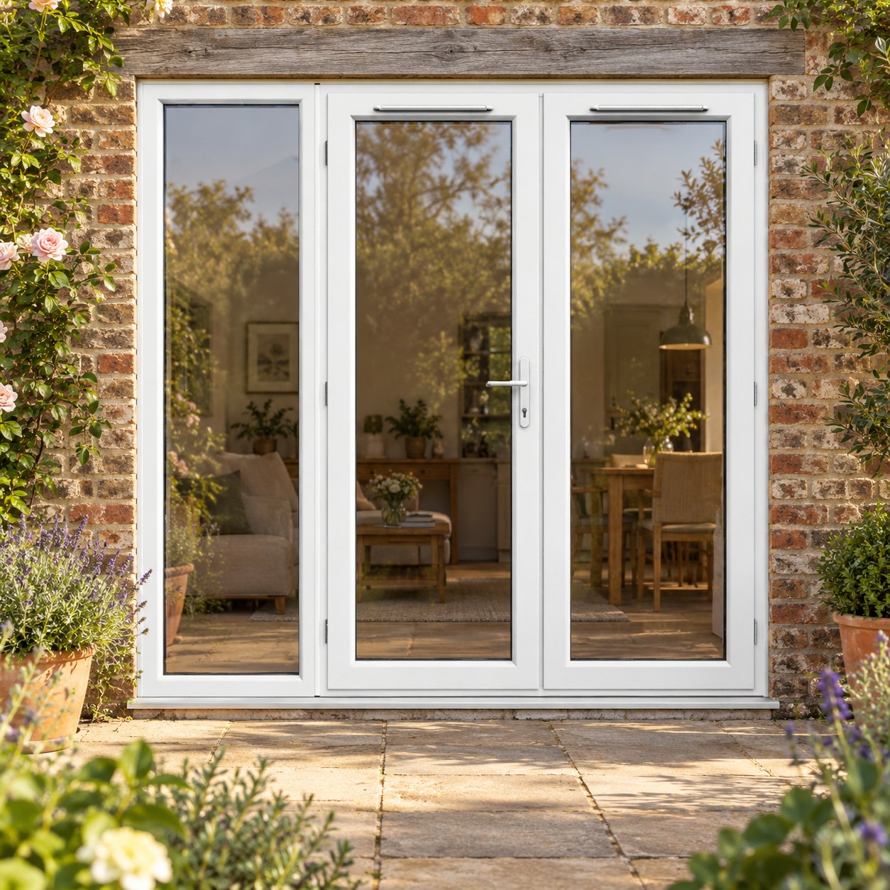2090mm x 2090mm - White uPVC French Doors with wide Side Panel lit up in the evening