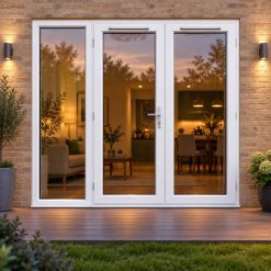 2090mm x 2090mm - White uPVC French Doors with wide Side Panel opening onto garden decking