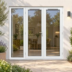 2090mm x 2090mm - White uPVC French Doors with wide Side Panel on a rendered house