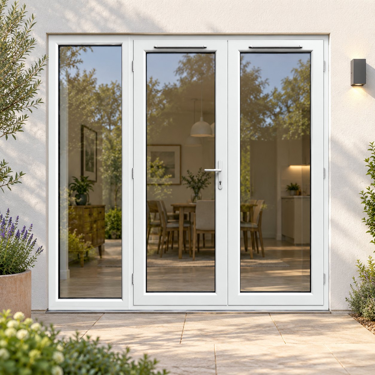 2090mm x 2090mm - White uPVC French Doors with wide Side Panel on a rendered house