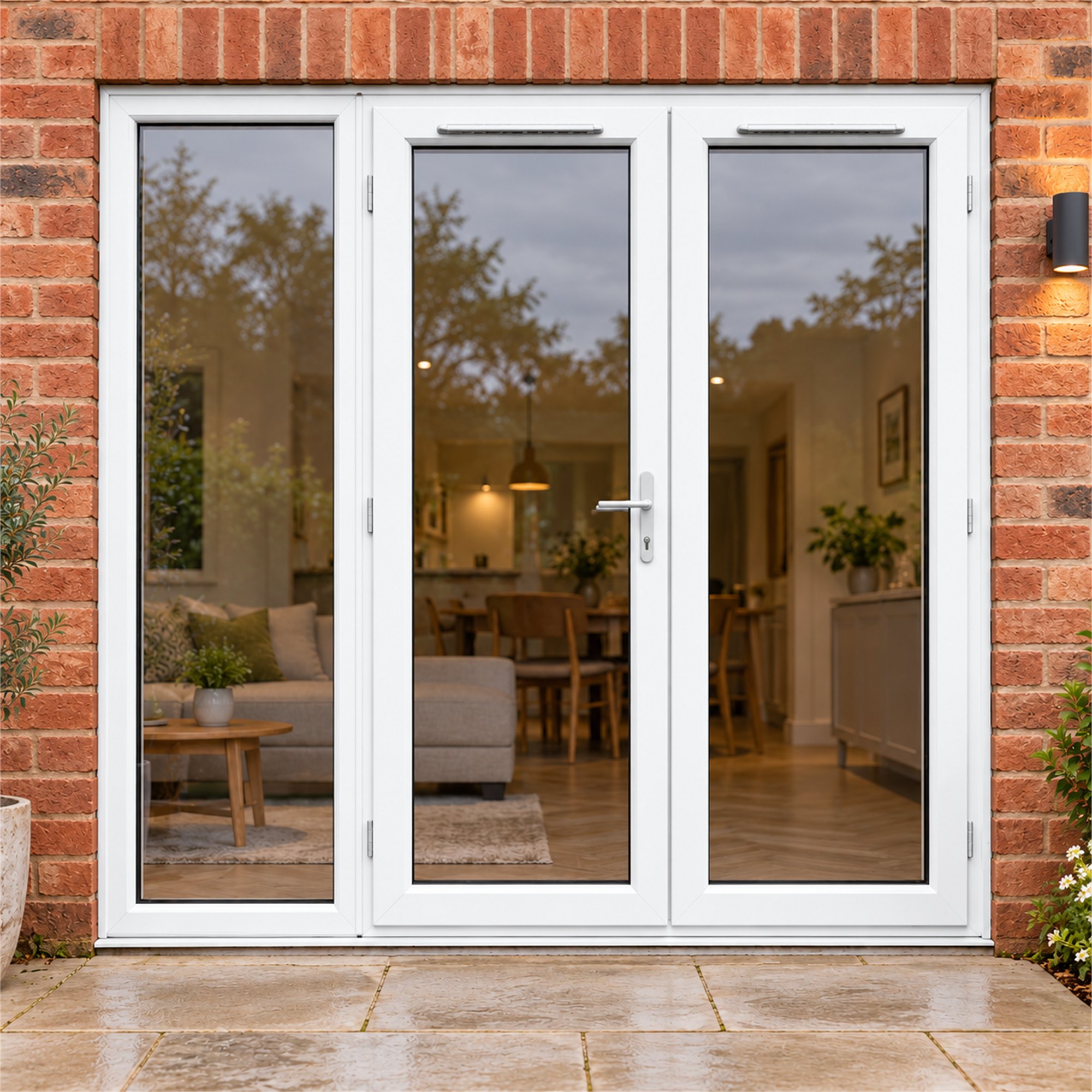 2090mm x 2090mm - White uPVC French Doors with wide Side Panel fitted to the back of a house