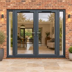 2390mm x 2090mm - Grey-on-White uPVC French Doors with Narrow Side Panels fitted to the back of a house