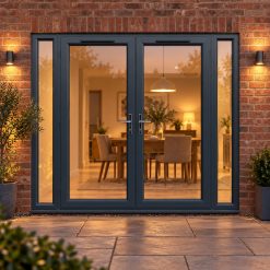 2390mm x 2090mm - Grey-on-White uPVC French Doors with Narrow Side Panels lit up in the evening