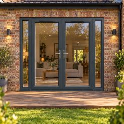 2390mm x 2090mm - Grey-on-White uPVC French Doors with Narrow Side Panels opening onto garden decking
