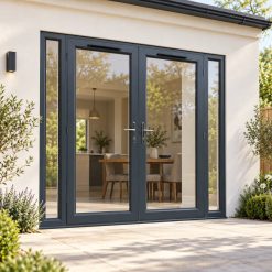 2390mm x 2090mm - Grey-on-White uPVC French Doors with Narrow Side Panels on a rendered house
