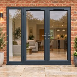 2390mm x 2090mm - Grey-on-White uPVC French Doors with Wide Side Panel fitted to the back of a house