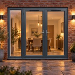 2390mm x 2090mm - Grey-on-White uPVC French Doors with Wide Side Panel lit up in the evening