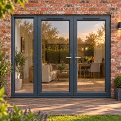 2390mm x 2090mm - Grey-on-White uPVC French Doors with Wide Side Panel opening onto garden decking