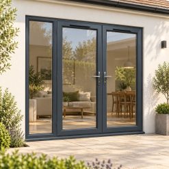 2390mm x 2090mm - Grey-on-White uPVC French Doors with Wide Side Panel on a rendered house