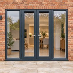 2390mm x 2090mm - Grey-on-White uPVC French Doors with Wide Side Panels fitted to the back of a house