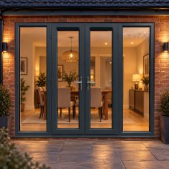 2390mm x 2090mm - Grey-on-White uPVC French Doors with Wide Side Panels lit up in the evening
