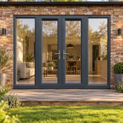 2390mm x 2090mm - Grey-on-White uPVC French Doors with Wide Side Panels opening onto garden decking