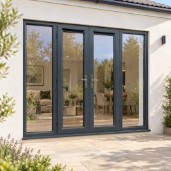 2390mm x 2090mm - Grey-on-White uPVC French Doors with Wide Side Panels on a rendered house