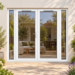 2390mm x 2090mm - White uPVC French Doors with Narrow Side Panels fitted to the back of a house