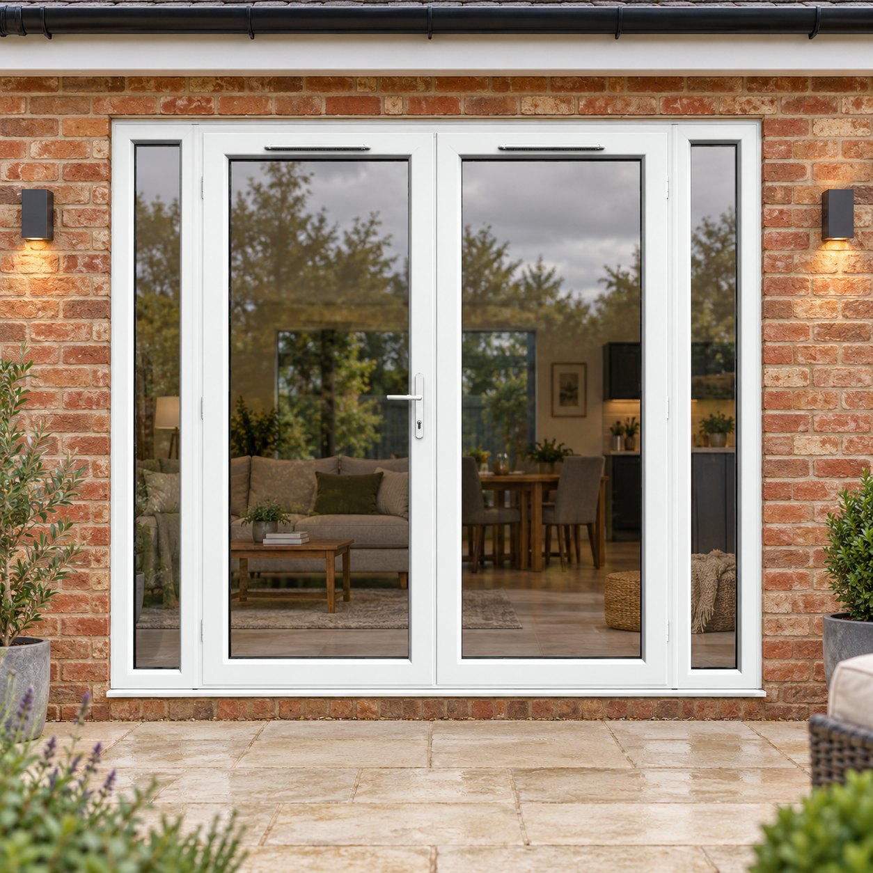 2390mm x 2090mm - White uPVC French Doors with Narrow Side Panels opening onto a brick patio
